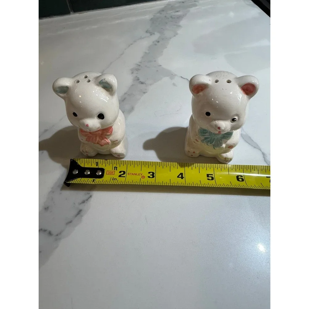 Vintage Teddy Bear Salt and Pepper Shakers Ceramic Pink Blue Bow Set of 2